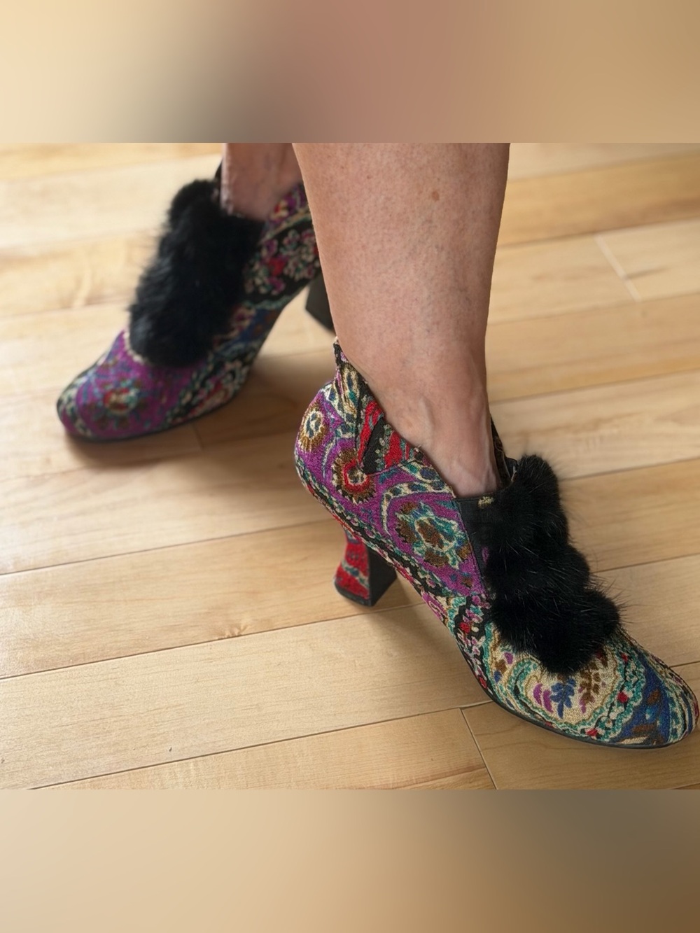 Baci Baroque Revival Tapestry Booties Black Fur Trim Vintage Inspired Shoes, 8 - Picture 9 of 14
